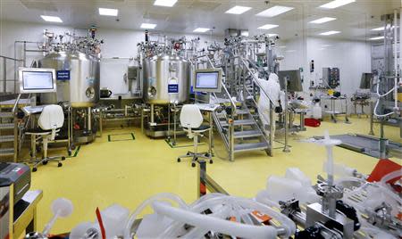 Employees work for maintenance in the purification and dispensing unit at the French drugmaker's vaccine unit Sanofi Pasteur plant in Neuville-sur-Saone, near Lyon March 14, 2014. REUTERS/Robert Pratta