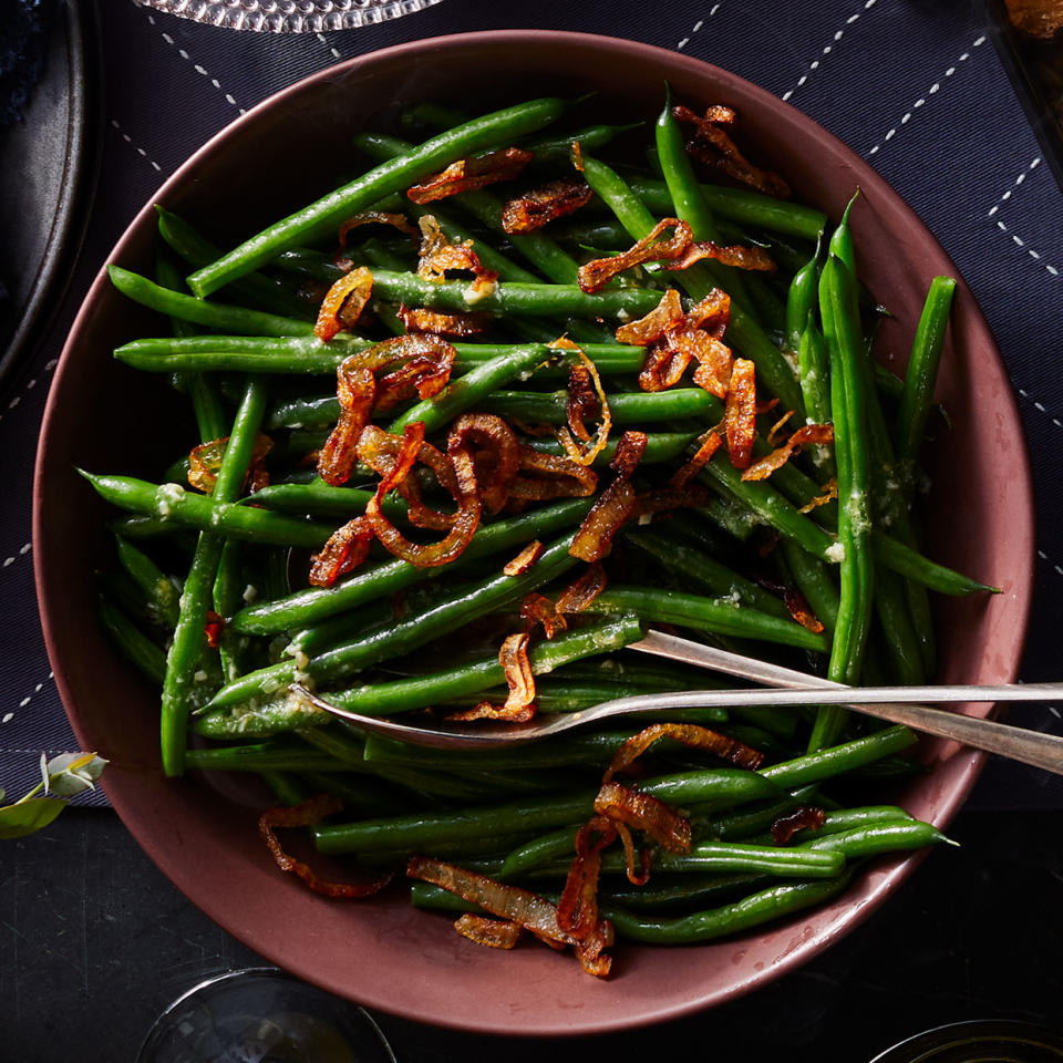 Steamed Green Beans with Rosemary-Garlic Vinaigrette & Fried Shallots