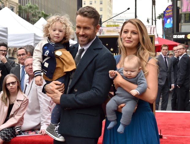 Ryan Reynolds and Blake Lively with daughters James and Inez at his Hollywood Walk of Fame induction ceremony in <a href="https://parade.com/living/december-holidays-observances" rel="nofollow noopener" target="_blank" data-ylk="slk:December;elm:context_link;itc:0;sec:content-canvas" class="link ">December</a> 2016<p>Axelle/Bauer-Griffin/FilmMagic</p>