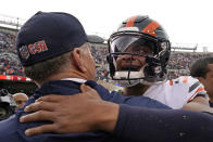 Chicago Bears quarterback Justin Fields, right, hugs coach Matt Eberflus after an NFL football game against the Houston Texans Sunday, Sept. 25, 2022, in Chicago. The Bears won 23-20. (AP Photo/Nam Y. Huh)