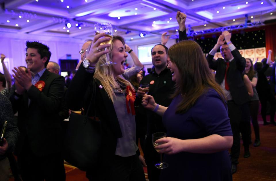 Supporters from the "No" Campaign celebrate at the Better Together Campaign headquarters in Glasgow, Scotland