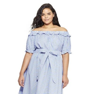 Women's Plus Size Striped Off the Shoulder Short Sleeve Bardot Top