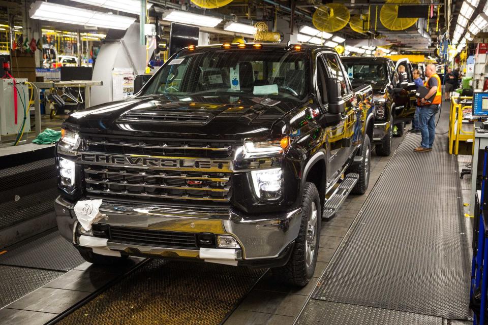 A Chevrolet Silverado full-size pickup truck is ready to roll off the assembly line on June 12, 2019, at the General Motors Flint Assembly Plant in Flint, Michigan.