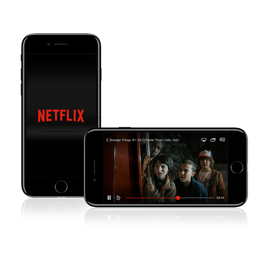 One iPhone standing vertically showing the Netflix logo, and another laying landscape showing a scene from the Netflix original series Stranger Things