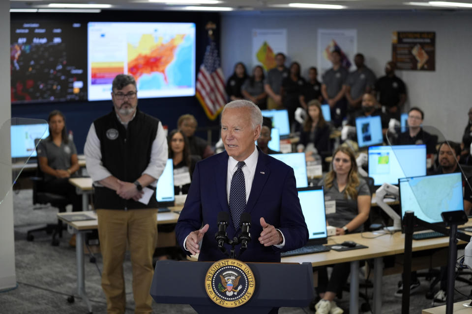 President Joe Biden speaks during a visit to the D.C. Emergency Operations Center, Tuesday, July 2, 2024, in Washington. (AP Photo/Evan Vucci)