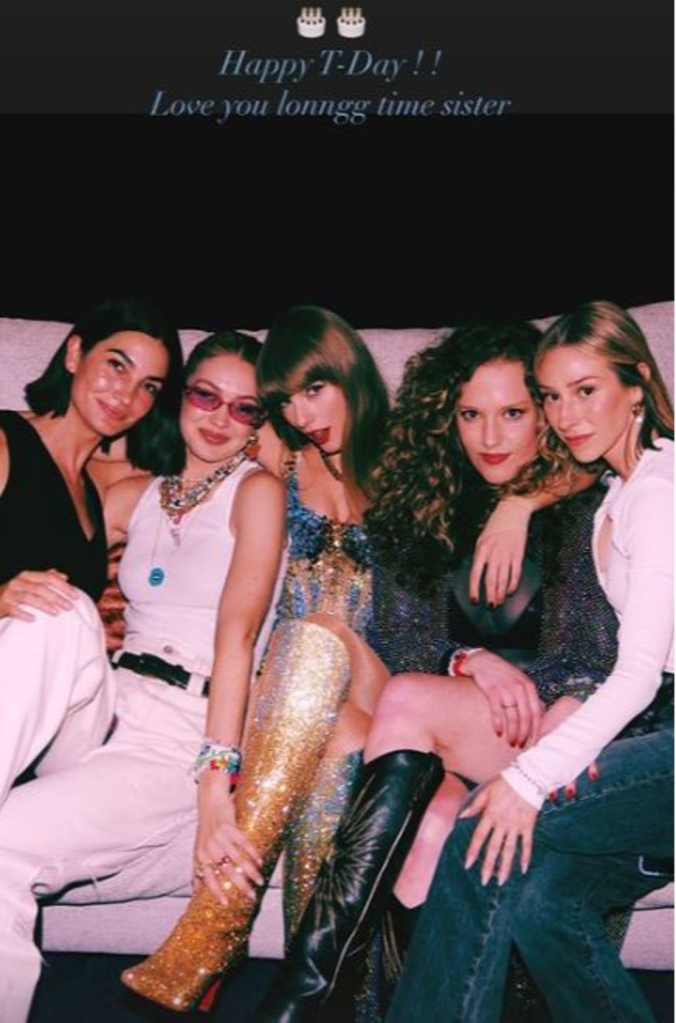 Swift’s BFF Gigi Hadid (second from the left) paid tribute to her on Instagram and shared a photo with her backstage at her Eras Tour (Instagram / Gigi Hadid)
