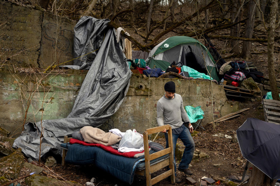 After the closure of a temporary winter shelter, the unhoused prepare to live outside for the next nine months starting on March 16.<span class="copyright">Rebecca Kiger for TIME</span>