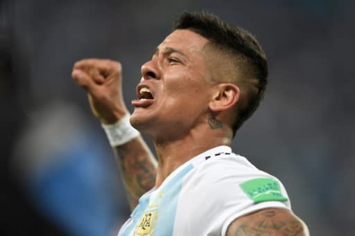 Argentina defender Marcos Rojo celebrates his winner in the World Cup match against Nigeria