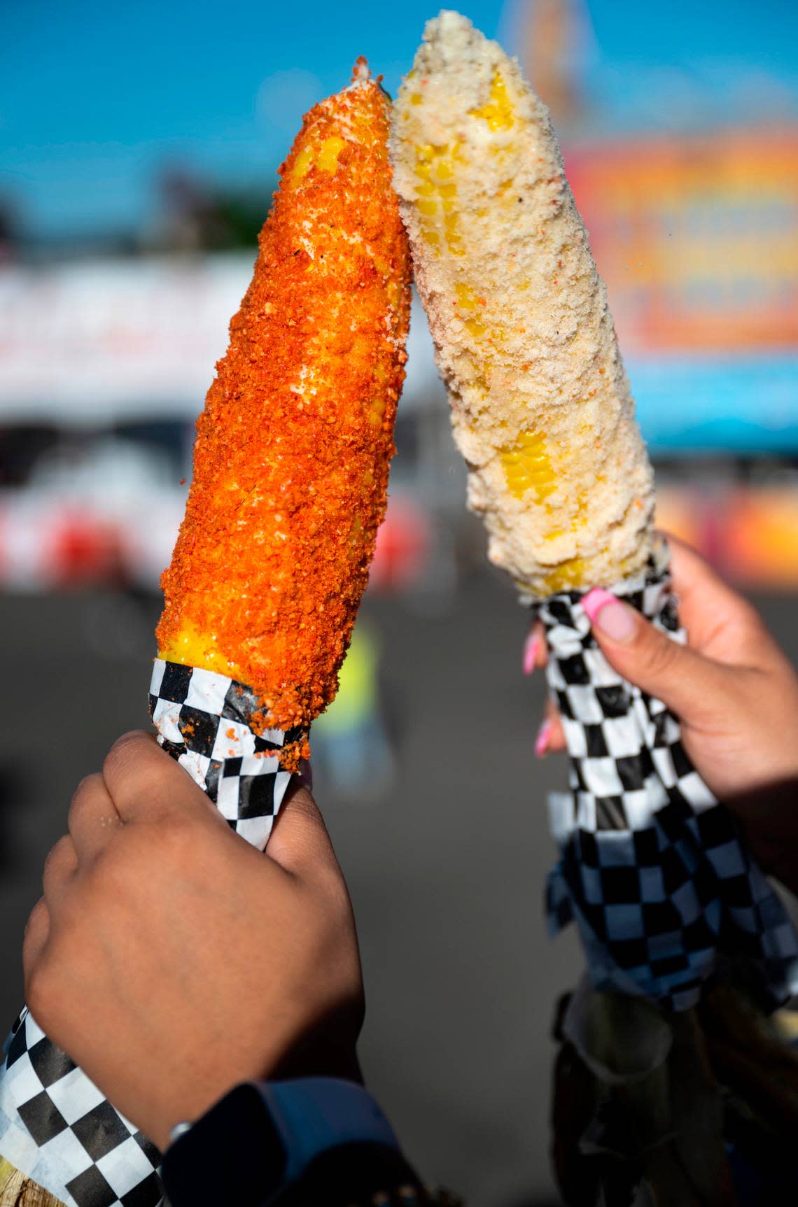 It’s corn! lathered in butter, mayo and salt, or Flaming Hot Cheetos.