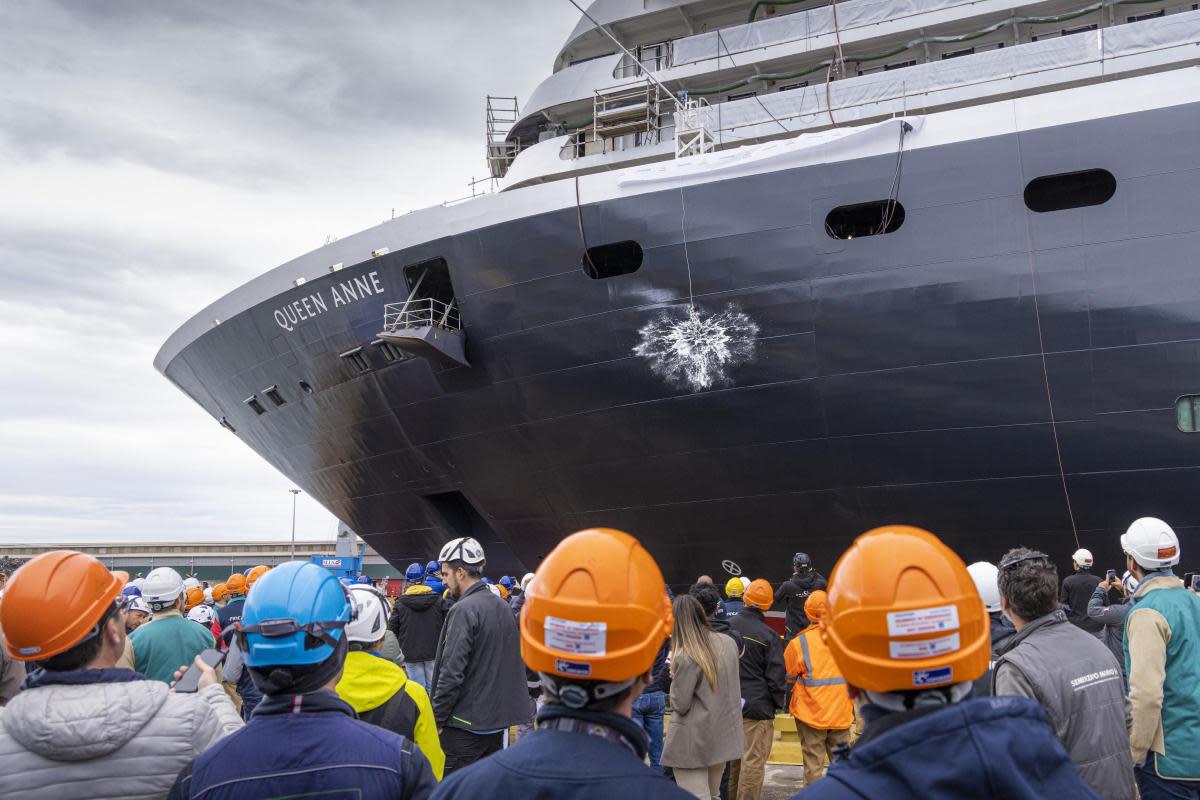 Bottle smash on Queen Anne at Fincantieri shipyard <i>(Image: Cunard)</i>