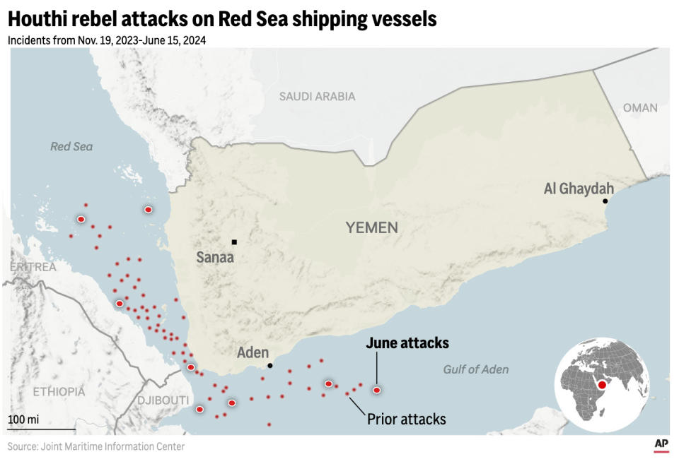The graphic above locates Houthi rebel attacks on ships in the Red Sea since Nov. 2023 through June 15, 2024. (AP Digital Embed)