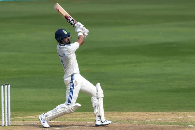 India's KL Rahul plays a shot during second day of the first Test between India and England in Hyderbad (Noah SEELAM)