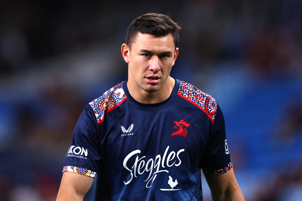 SYDNEY, AUSTRALIA - AUGUST 12: Joseph Manu of the Roosters warms up prior to the round 24 NRL match between Sydney Roosters and Dolphins at Allianz Stadium on August 12, 2023 in Sydney, Australia. (Photo by Jeremy Ng/Getty Images)