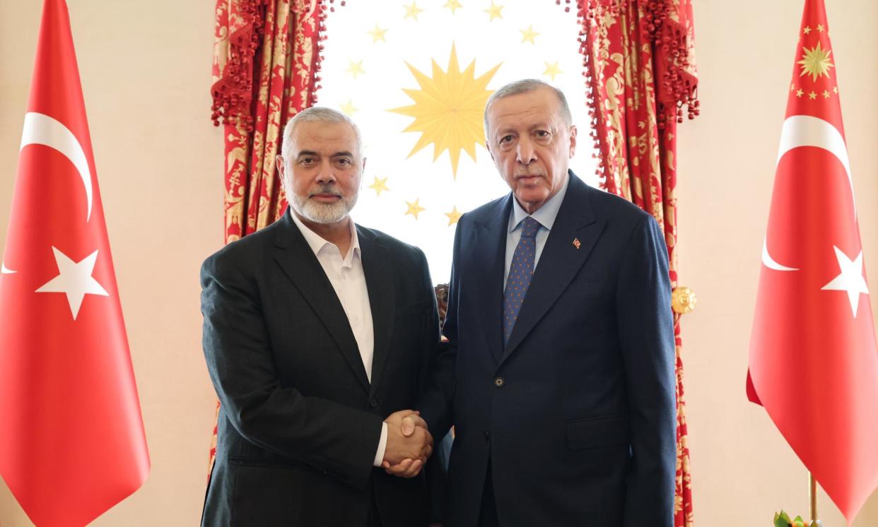 <span>Ismail Haniyeh and Recep Tayyip Erdoğan met in Istanbul over the weekend and discussed calming tensions across the Middle East.</span><span>Photograph: Anadolu/Getty Images</span>