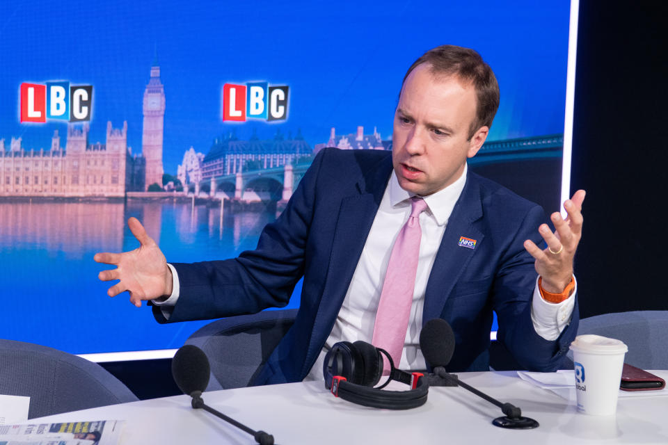 Health Secretary Matt Hancock pictured during LBC’s new phone-in, Call the Cabinet, with host Nick Ferrari, at their new studio in Millbank, London. Picture date: Monday September 7, 2020. Photo credit should read: Matt Crossick/Empics