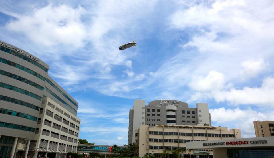 The Goodyear Blimp flies over Mount Sinai Medical Center in Miami Beach to honor frontline workers and essential personnel serving the South Florida communities on Friday, May 22, 2020. 