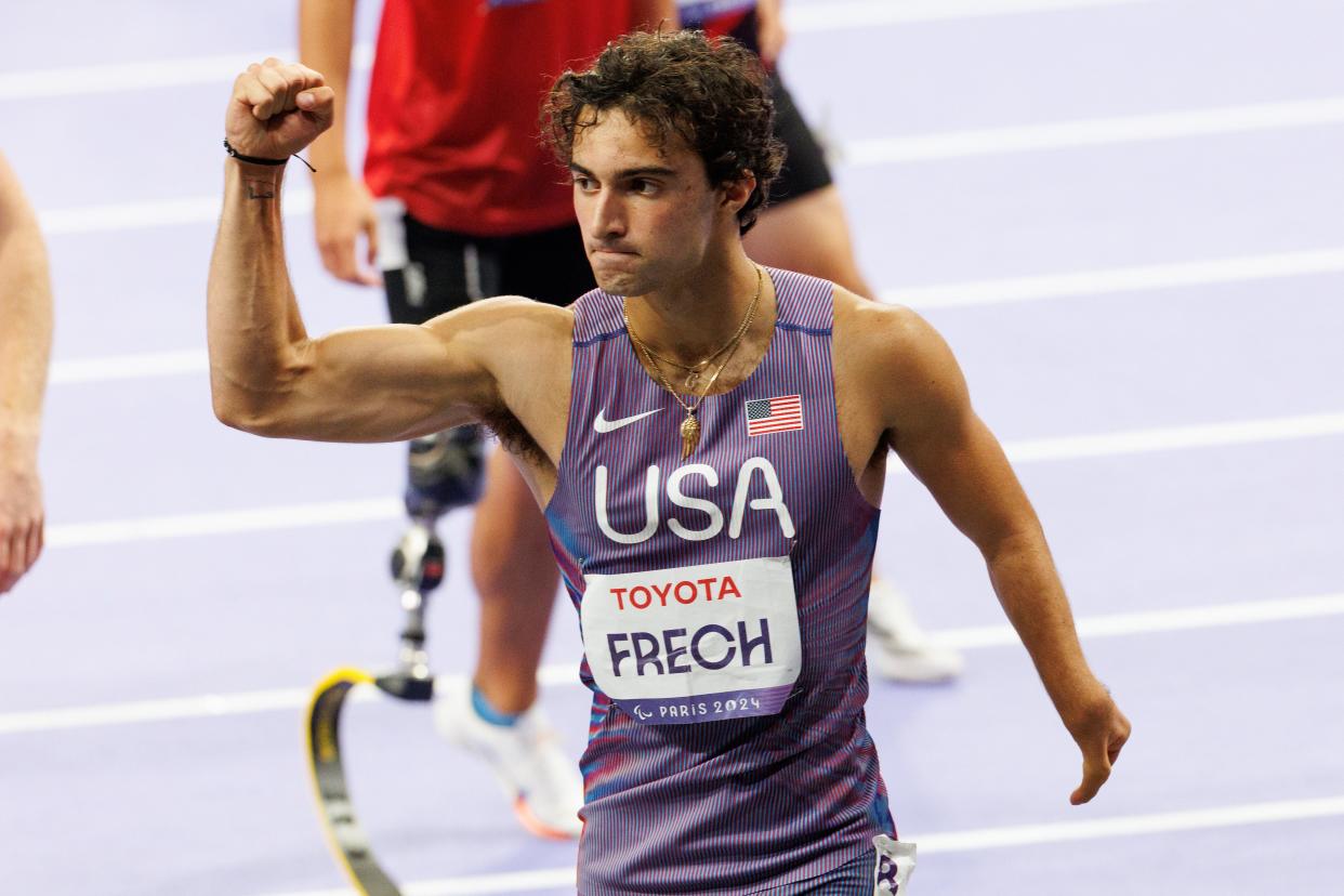 Ezra Frech reacts during the Paris Paralympic Summer Games.