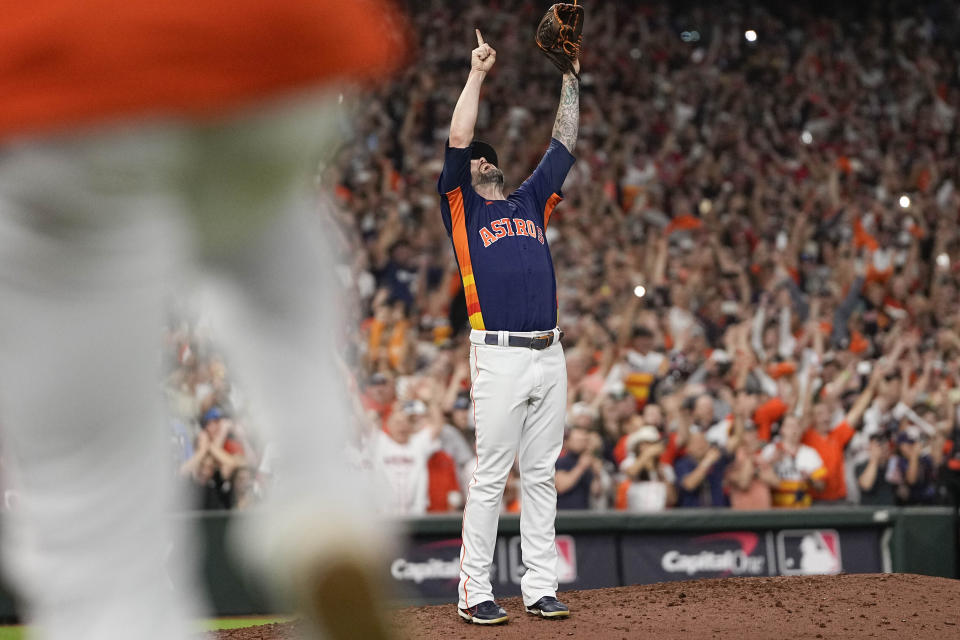 Houston Astros relief pitcher Ryan Pressly celebrates the team's 4-1 World Series win against the Philadelphia Phillies in Game 6 on Saturday, Nov. 5, 2022, in Houston.(AP Photo/David J. Phillip)