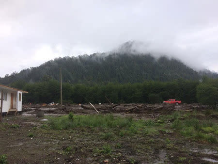 Damage done by a landslide is seen in Villa Santa Lucia, Los Lagos, Chile December 16, 2017 in this picture obtained from social media. CRISTIAN ZUMELZU BARROS/via REUTERS