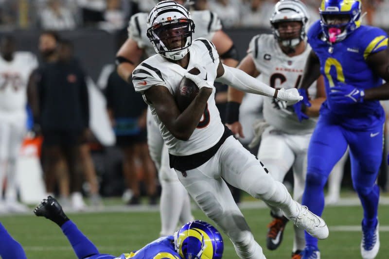 Cincinnati Bengals wide receiver Tee Higgins (C) eclipsed 1,000 receiving yards in 2021 and 2022. File Photo by John Sommers II/UPI