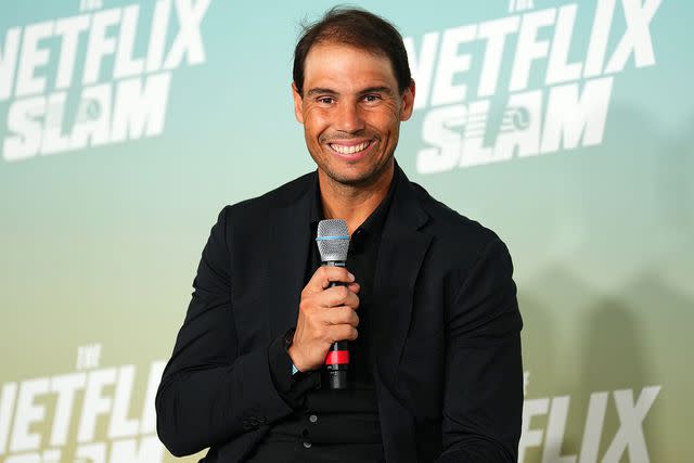 <p>Chris Unger/Getty </p> Rafael Nadal speaks onstage during The Netflix Slam media availability event at Mandalay Bay Resort and Casino on March 02, 2024 in Las Vegas, Nevada.