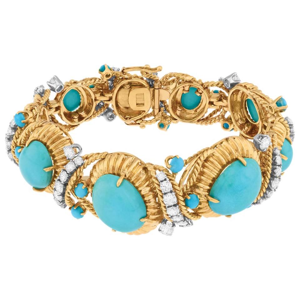 From the Van Cleef & Arpels archives, this 1958 “Heritage” bracelet features turquoise and diamonds set in 18-karat yellow gold; $137,000, at Van Cleef & Arpels, Beverly Hills