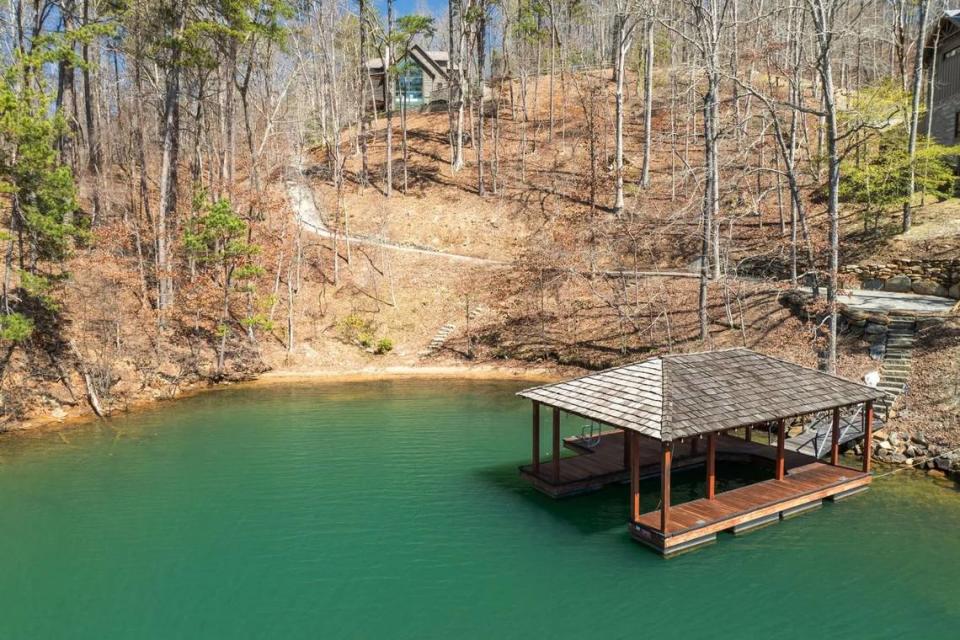 The home’s covered dock by the lake.