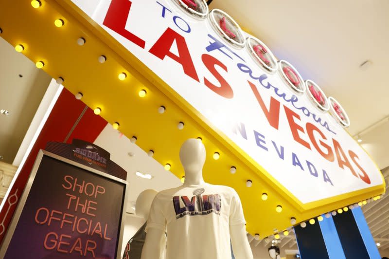 Super Bowl LVIII merchandise is sold at a gift shop Monday at the Mandalay Bay Convention Center in Las Vegas. Photo by John Angelillo/UPI