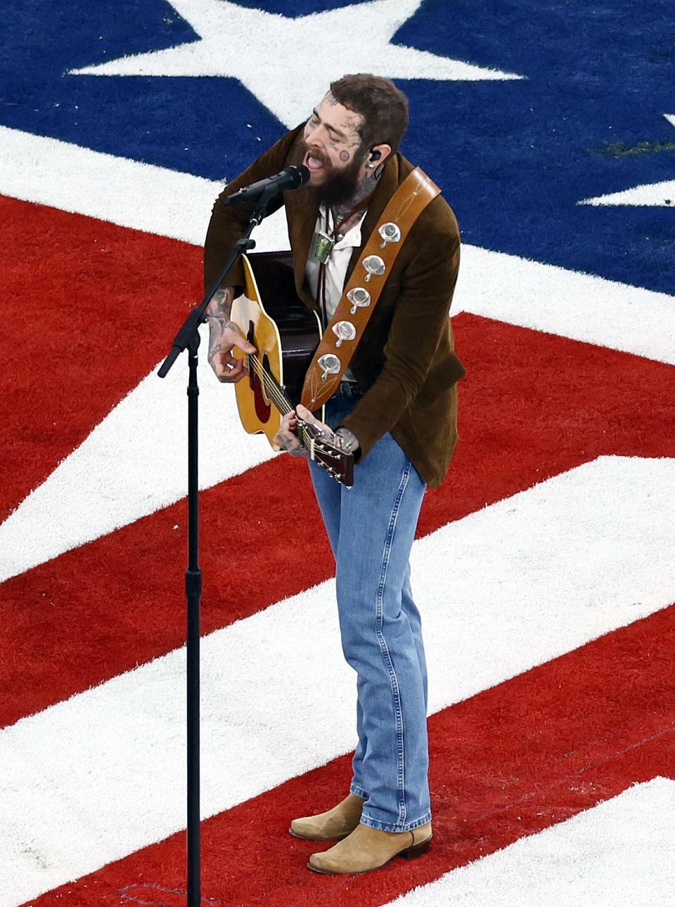 Post Malone performs "American the Beautiful" prior to Super Bowl LVIII at Allegiant Stadium Feb. 11, 2024 in Las Vegas.