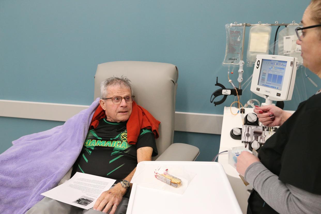 Raymond Melichar, 86, a former math teacher with the South Bend schools, donates platelets Wednesday, Jan. 3, 2024, at the South Bend Medical Foundation Blood Center at 3355 Douglas Road in South Bend.