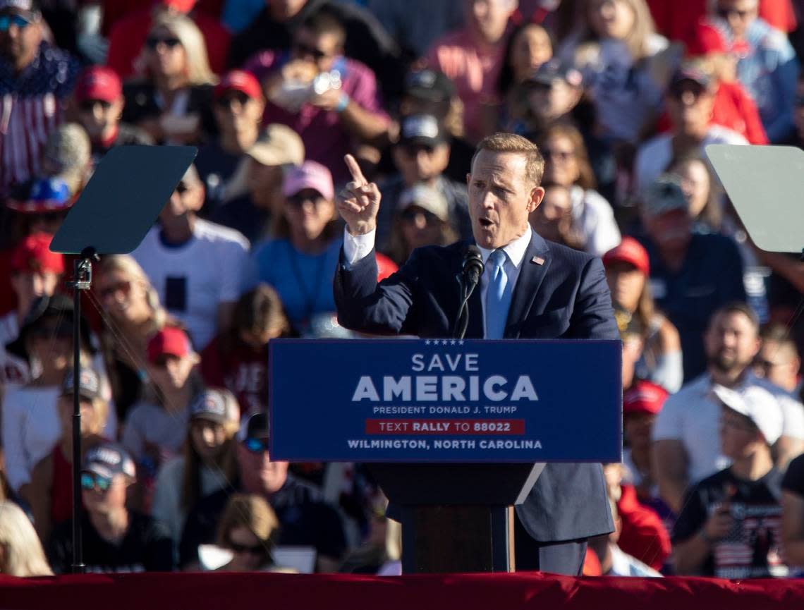 U.S. Senate candidate Ted Budd speaks to the crowd during a rally featuring former president Donald Trump at Wilmington International Airport on Friday, Sept. 23, 2022.