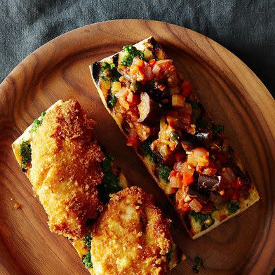 Parmesan-Crusted Chicken, Caponata, and Pesto Sandwich