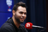 Washington Nationals starting pitcher Anibal Sanchez speaks during a news conference Thursday, Oct. 24, 2019, in Washington. The Nationals and the Houston Astros are scheduled to play Game 3 of baseball's World Series on Friday. (AP Photo/Patrick Semansky)