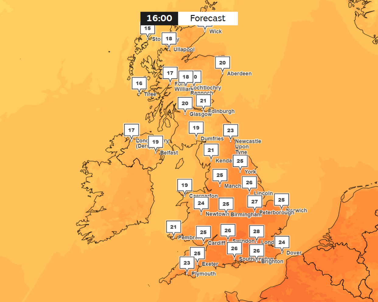 The predicted temperatures on Monday. (Met Office)