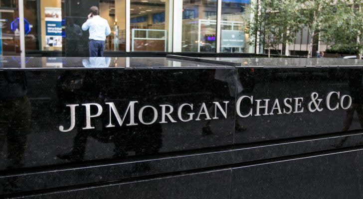 JPMorgan Chase (JPM) lettering on a corporate office in New York City.