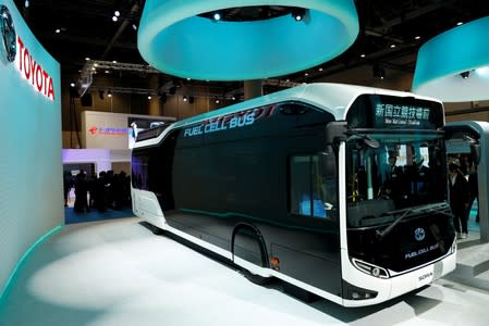 FILE PHOTO: Toyota Motor Corp. displays the company's fuel cell bus Sora during media preview of the 45th Tokyo Motor Show in Tokyo