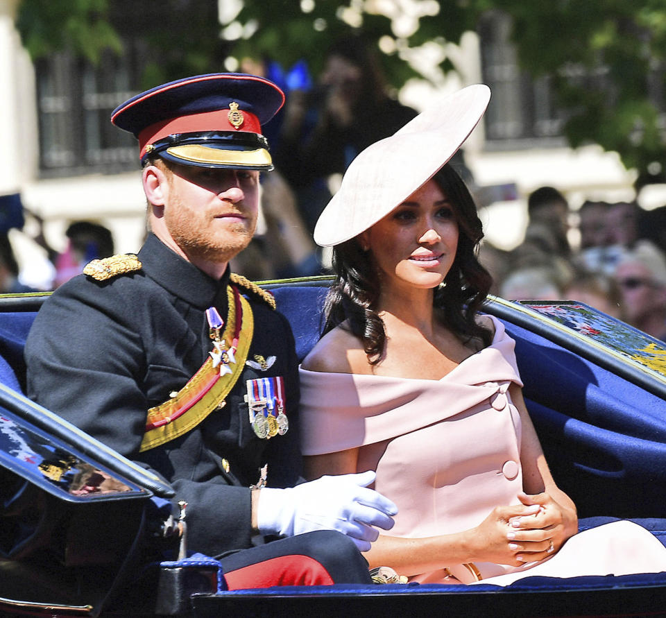 January 20th 2020 - Buckingham Palace has announced that Prince Harry and Duchess Meghan will no longer use "royal highness" titles and will not receive public money for their royal duties. Additionally, as part of the terms of surrendering their royal responsibilities, Harry and Meghan will repay the $3.1 million cost of taxpayers' money that was spent renovating Frogmore Cottage - their home near Windsor Castle. - January 9th 2020 - Prince Harry The Duke of Sussex and Duchess Meghan of Sussex intend to step back their duties and responsibilities as senior members of the British Royal Family. - File Photo by: zz/KGC-160/STAR MAX/IPx 2018 6/9/18 Prince Harry The Duke of Sussex, The Duchess of Sussex and members of The Royal Family at the Trooping The Colour ceremonies as The Queen marks her official birthday - including an inspection of the troops from the Household Division, the Horseguards Parade March in Whitehall and watching a fly-past from the balcony at Buckingham Palace. (London, England, UK)