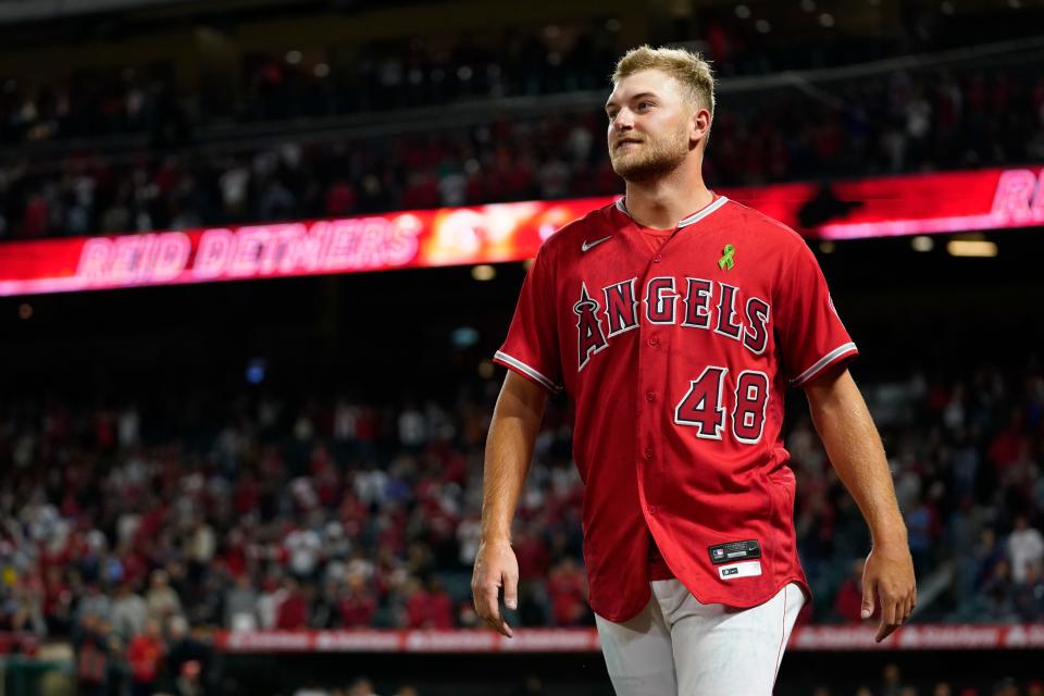 Reid Detmers, a 2017 Chatham Glenwood High School graduate, leaves the field after throwing a no-hitter against the Tampa Bay Rays in Anaheim, Calif., Tuesday, May 10, 2022. The Angels won 12-0.