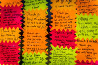 <p>Thank-you notes to Barack Obama that Susan Lihn collected are displayed with a cardboard cutout of him as a younger man. Asked if she heard talk of people leaving town, Lihn said no, they wanted to stay and fight. “There’s a lot of talk in here about what’s going to happen, and a lot of people are like, ‘No, we have to stay. We have to show that this is our town. This is where we live,’” said Lihn. (Photo: Mary F. Calvert for Yahoo News) </p>