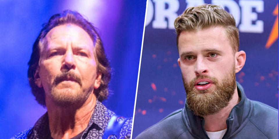 Pearl Jam frontman Eddie Vedder, left, responded to NFL star Harrison Butker's recent controversial commencement speech during a concert in Las Vegas. (Getty Images)