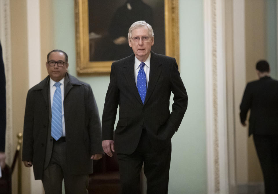 Senate Majority Leader Mitch McConnell, R-Ky., arrives at the Capitol in Washington, Wednesday, Nov. 14, 2018, as Senate Republicans are facing renewed pressure to pass legislation to protect special counsel Robert Mueller. (AP Photo/J. Scott Applewhite)