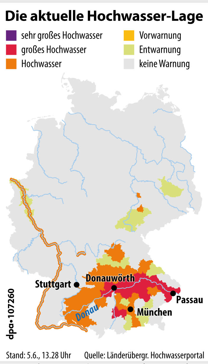 So ist die aktuelle Lage im Hochwassergebiet in Süddeutschland (Grafik: R. Mühlenbruch, B. Bolte/dpa)