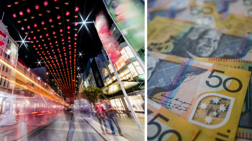 Major Australian shopping strip at night with Christmas lights, close image of Australian $50 notes. 