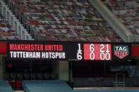 A display show the score at the end of the English Premier League soccer match between Manchester United and Tottenham Hotspur at Old Trafford in Manchester, England, Sunday, Oct. 4, 2020. (Alex Livesey/Pool via AP)