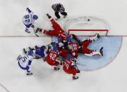 Ice Hockey – Pyeongchang 2018 Winter Olympics – Men Preliminary Round Match – Czech Republic v South Korea - Gangneung Hockey Centre, Gangneung, South Korea – February 15, 2018 - Goalie Pavel Francouz of the Czech Republic (33) sprawls on the ice during third period action. REUTERS/Brian Snyder