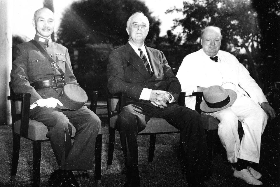 Kuomintang leader Chiang Kai-shek with US President Franklin D. Roosevelt (centre) and UK Prime Minister Winston Churchill in Cairo in late 1943. <a href="https://catalog.archives.gov/id/196609" rel="nofollow noopener" target="_blank" data-ylk="slk:US National Archives;elm:context_link;itc:0;sec:content-canvas" class="link ">US National Archives</a>