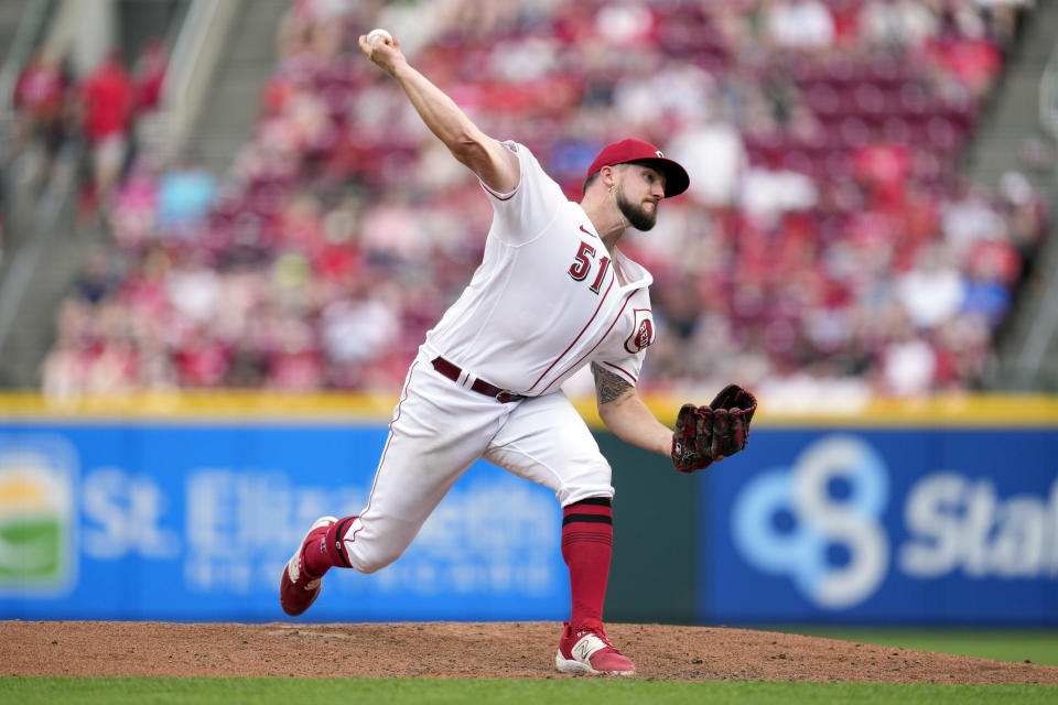 Cincinnati Reds starting pitcher Graham Ashcraft throws against the Milwaukee Brewers in the third inning of a baseball game in Cincinnati, Saturday, June 3, 2023. (AP Photo/Jeff Dean)