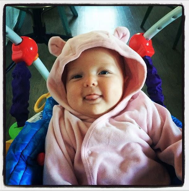 And the award for cutest baby of all time goes to .... Jimmy Fallon's daughter Winnie! The late night TV host's little bundle of joy looked bear-y adorable wearing a tiny pink onesie with ears. "Jumping Bear," Fallon wrote, sharing the sweet pic on Instagram.