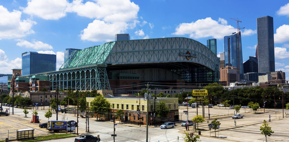 FILE - This Sept. 11, 2016 file photo shows a wide angle view of Minute Maid Park in downtown Houston. Major League Baseball has expanded its investigation into the Houston Astros after The Athletic website reported the team stole signs during home games in 2017 by using a camera positioned in center field. The report Tuesday, Nov. 12, 2019 quoted pitcher Mike Fiers, who played for the Astros that season, and three other unidentified people with the club. The Astros won the World Series that year — two sources told The Athletic that Houston used the system into the playoffs while another source said it ended before the postseason. (AP Photo/Juan DeLeon, file)