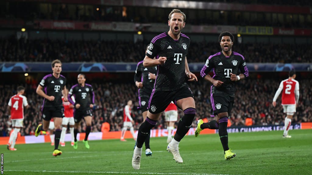 Harry Kane celebrating his goal for Bayern Munich against Arsenal in the Champions League